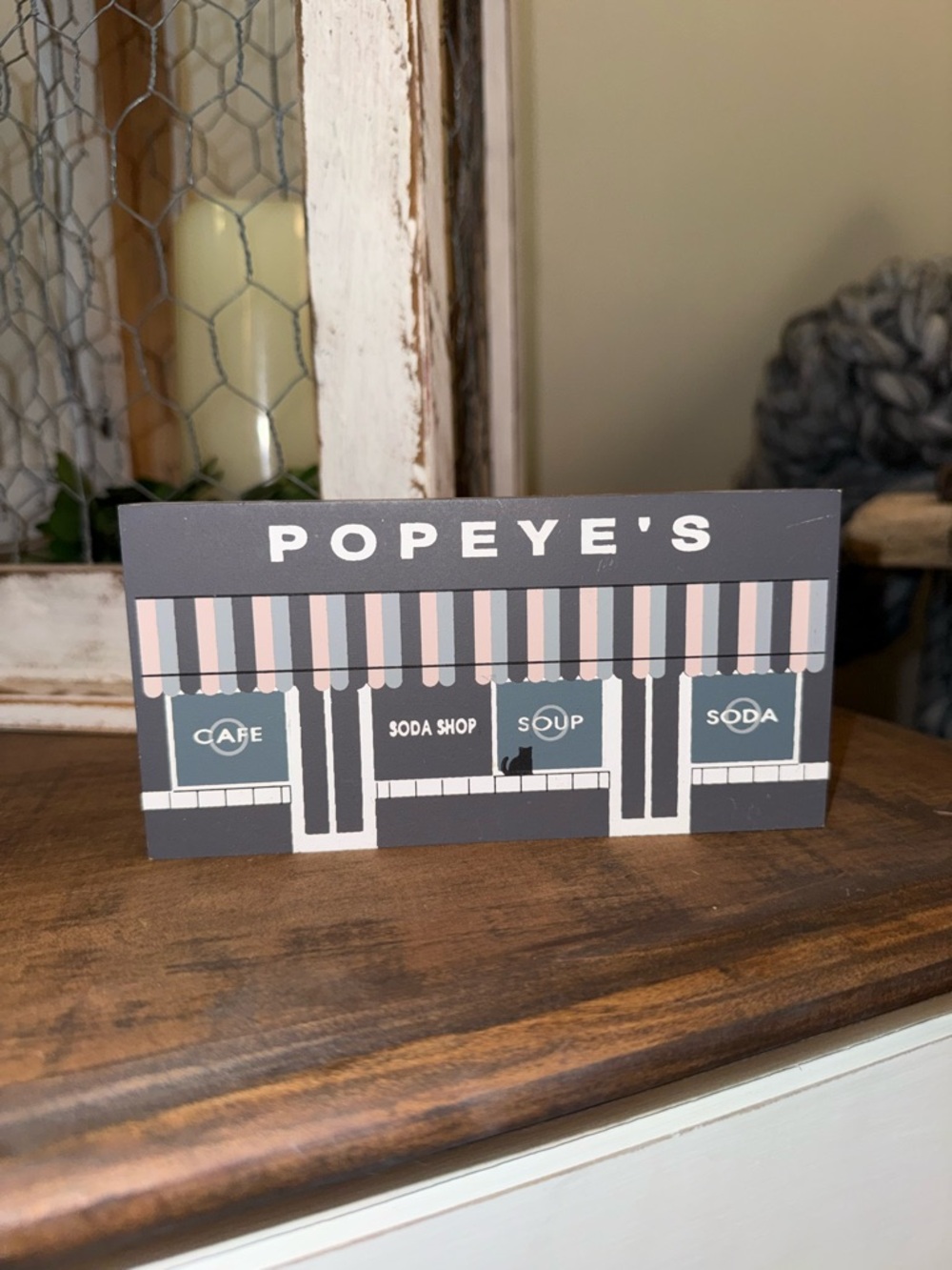 Longaberger Gray and Pink Popeye's Wooden Storefront Sign
